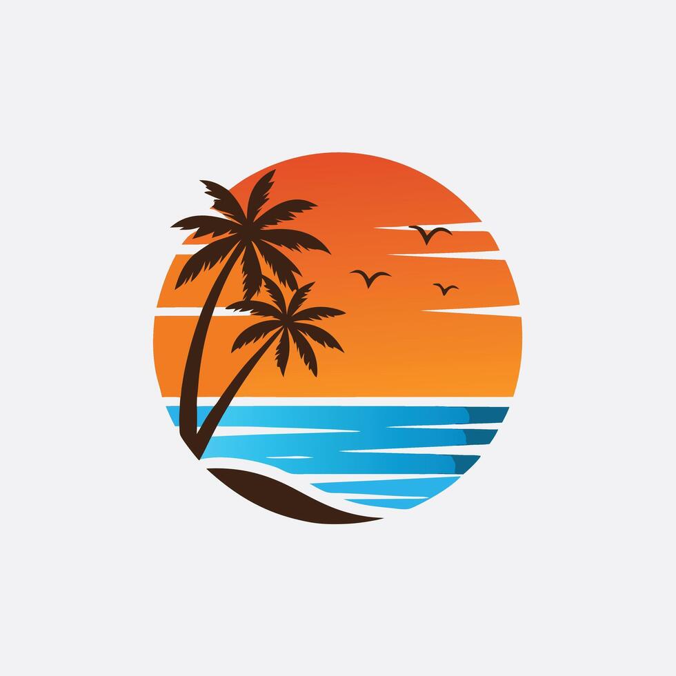 Tropical Beach Sunset Design With Palm Trees And Birds Silhouettes vector