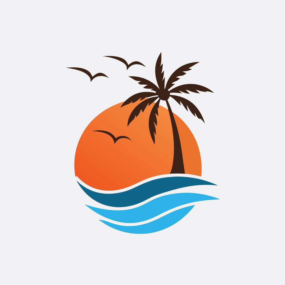 Tropical Beach Sunset With Palm Tree And Birds Illustration Design vector