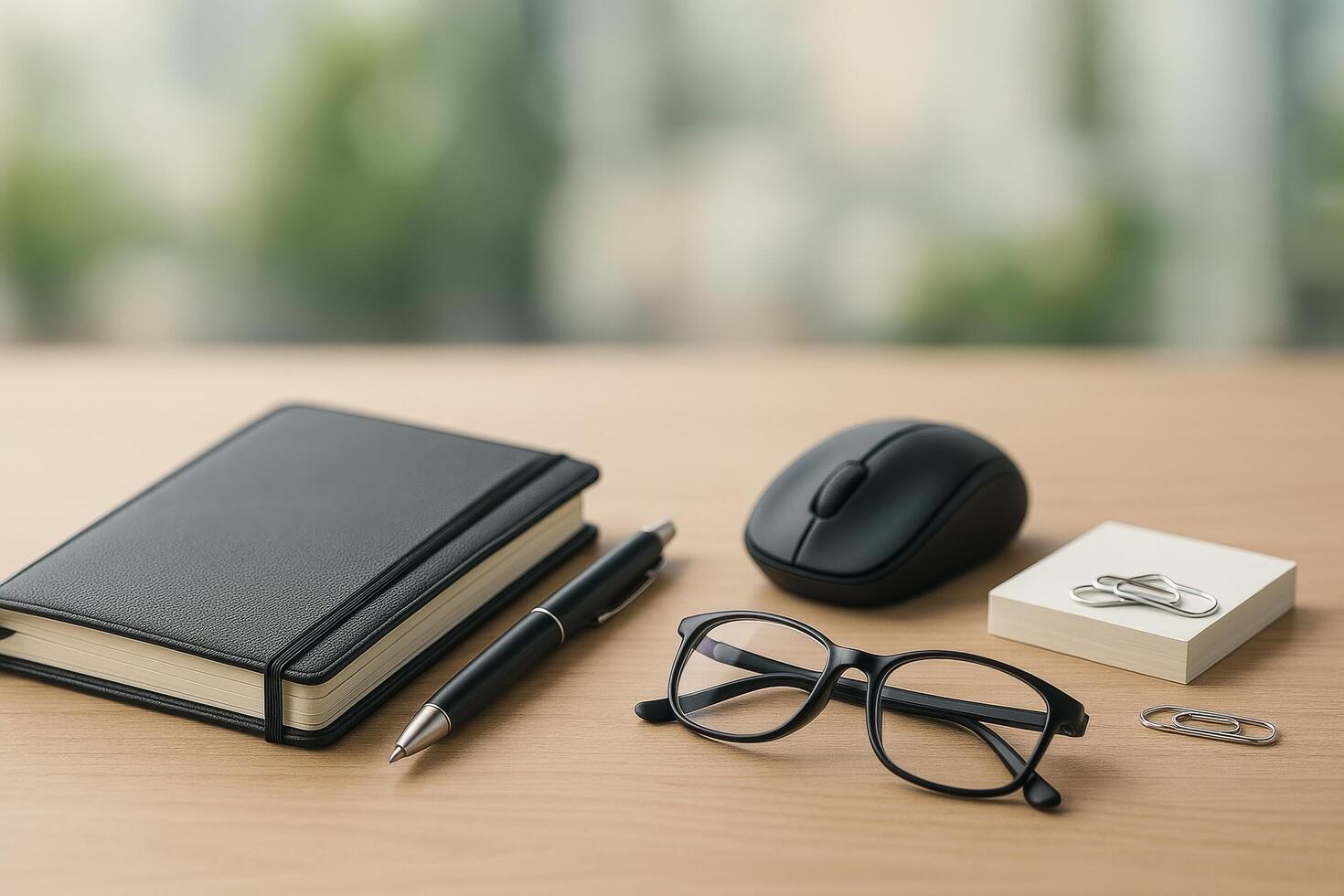 Workspace Essentials Including Notebook, Pen, Glasses, and Mouse for Productivity in a Modern Office photo