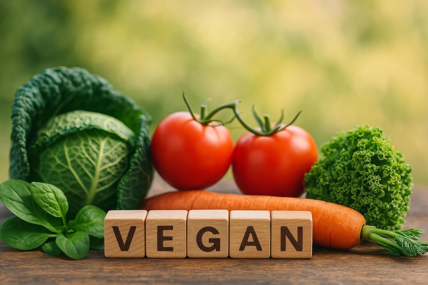 Fresh Vegetables and Wooden Blocks Spell Vegan During a Sunny Day in a Natural Setting photo