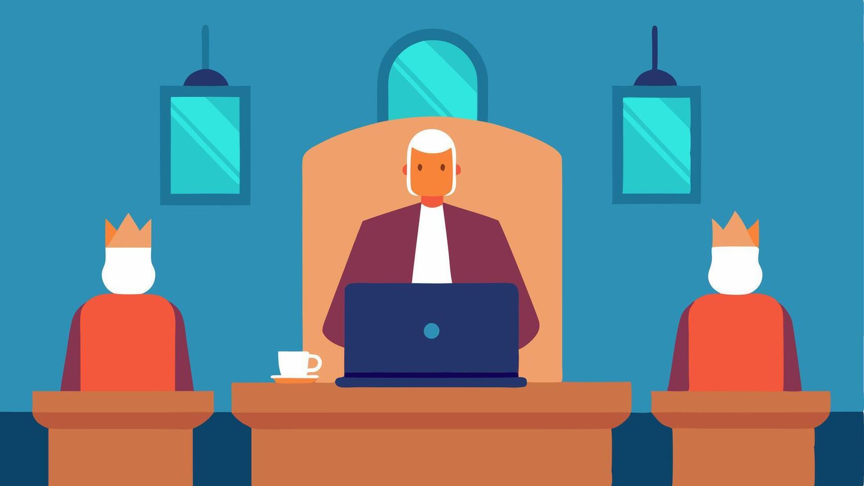 Historic Meeting This illustration depicts the businessperson standing in front of a grand wooden table used for medieval councils with their laptop set up on the table. Three. vector