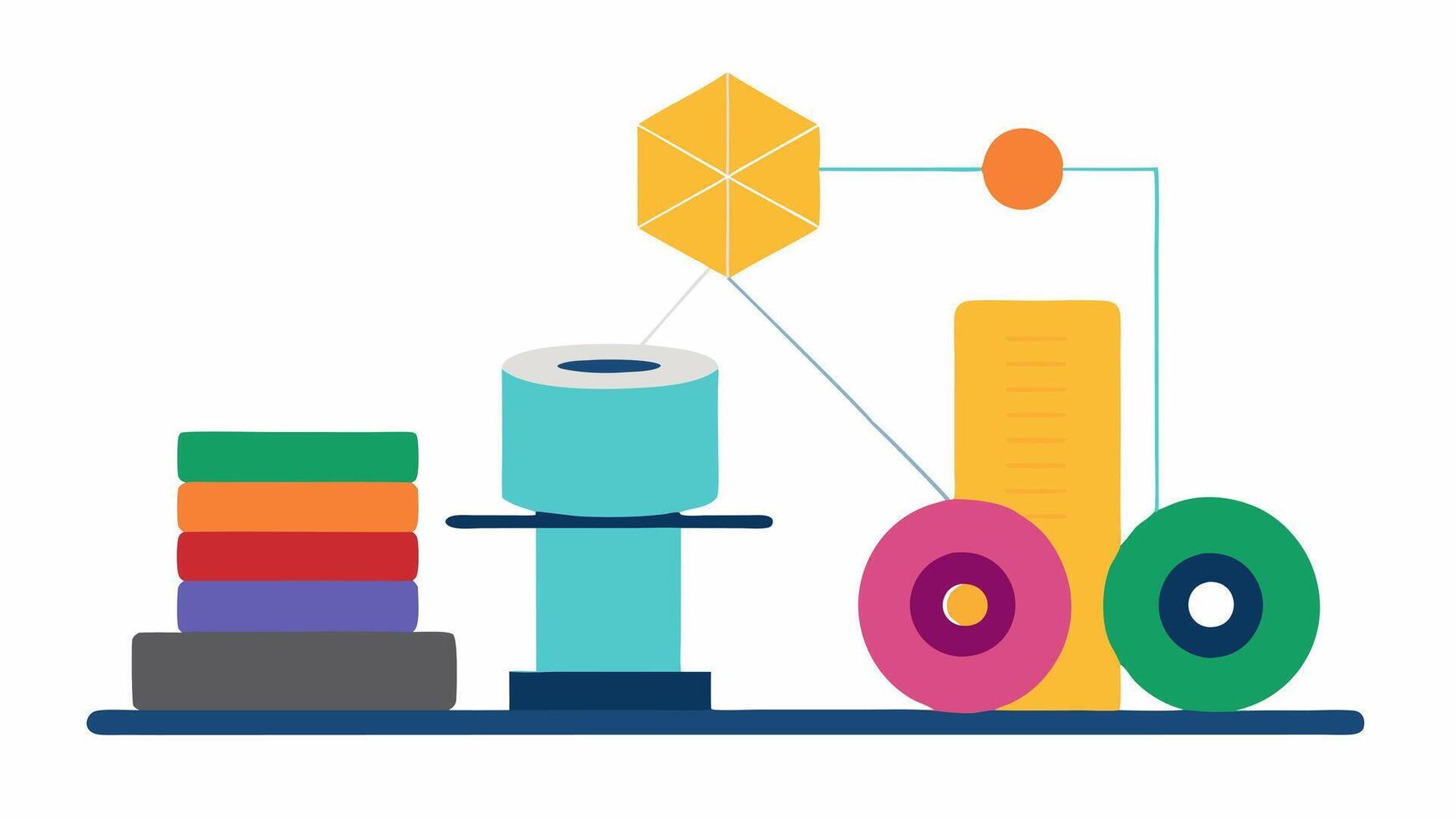 Material Selection An array of colorful material spools like resin or metal filament next to the printer highlighting different materials available for jewelry creation.. vector