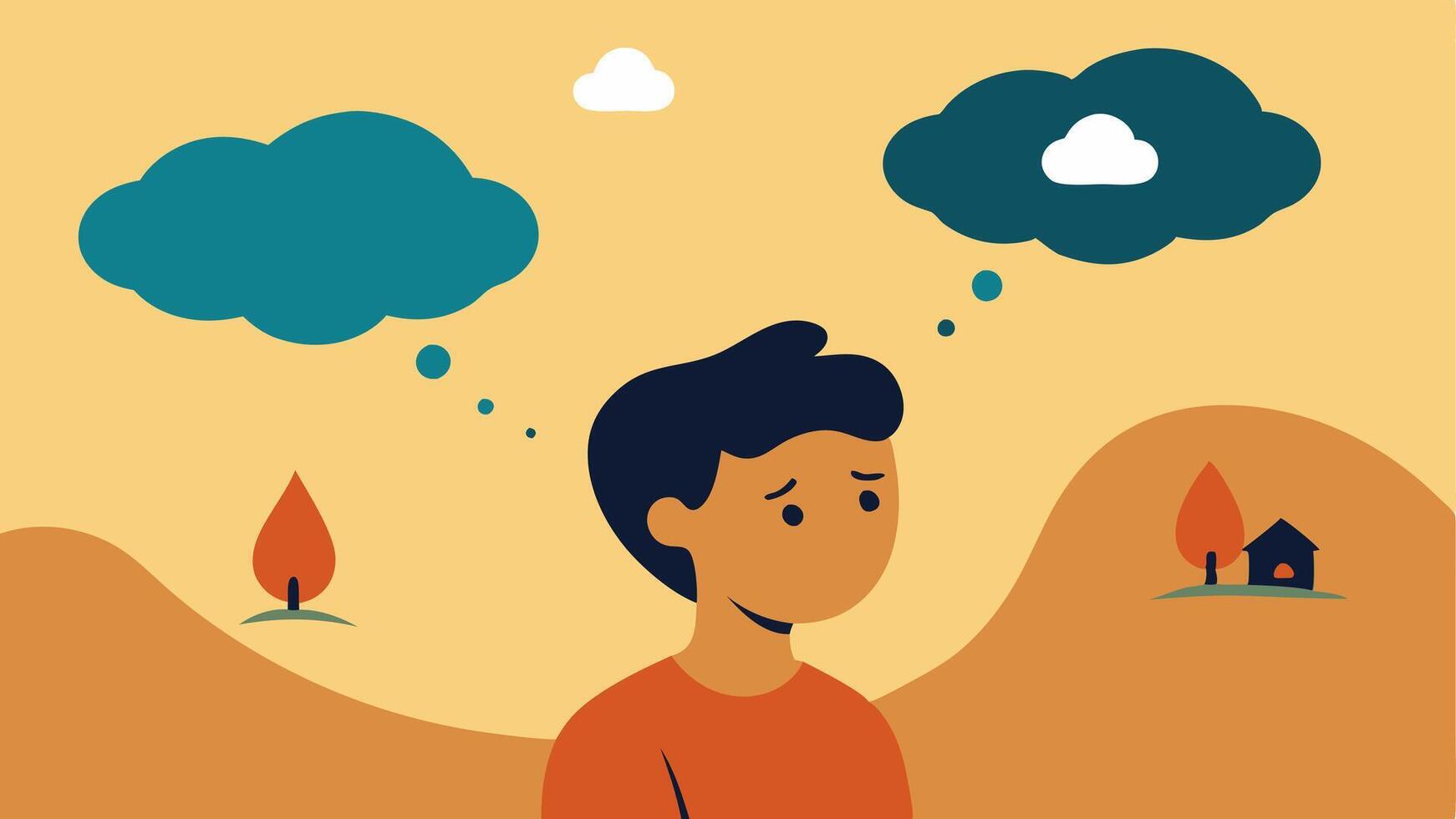 Thought Bubble of Nature A person with a troubled expression gazing upwards at a large thought bubble filled with s of a thriving environment juxtaposed with droughts. vector