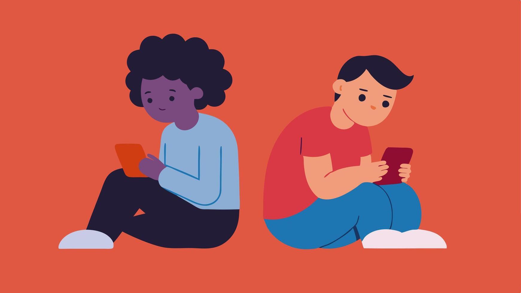 Comparison Game Two friends sitting together one looking happy and fulfilled while the other is scrolling on their phone and looking dejected symbolizing how FOMO can steal joy. vector