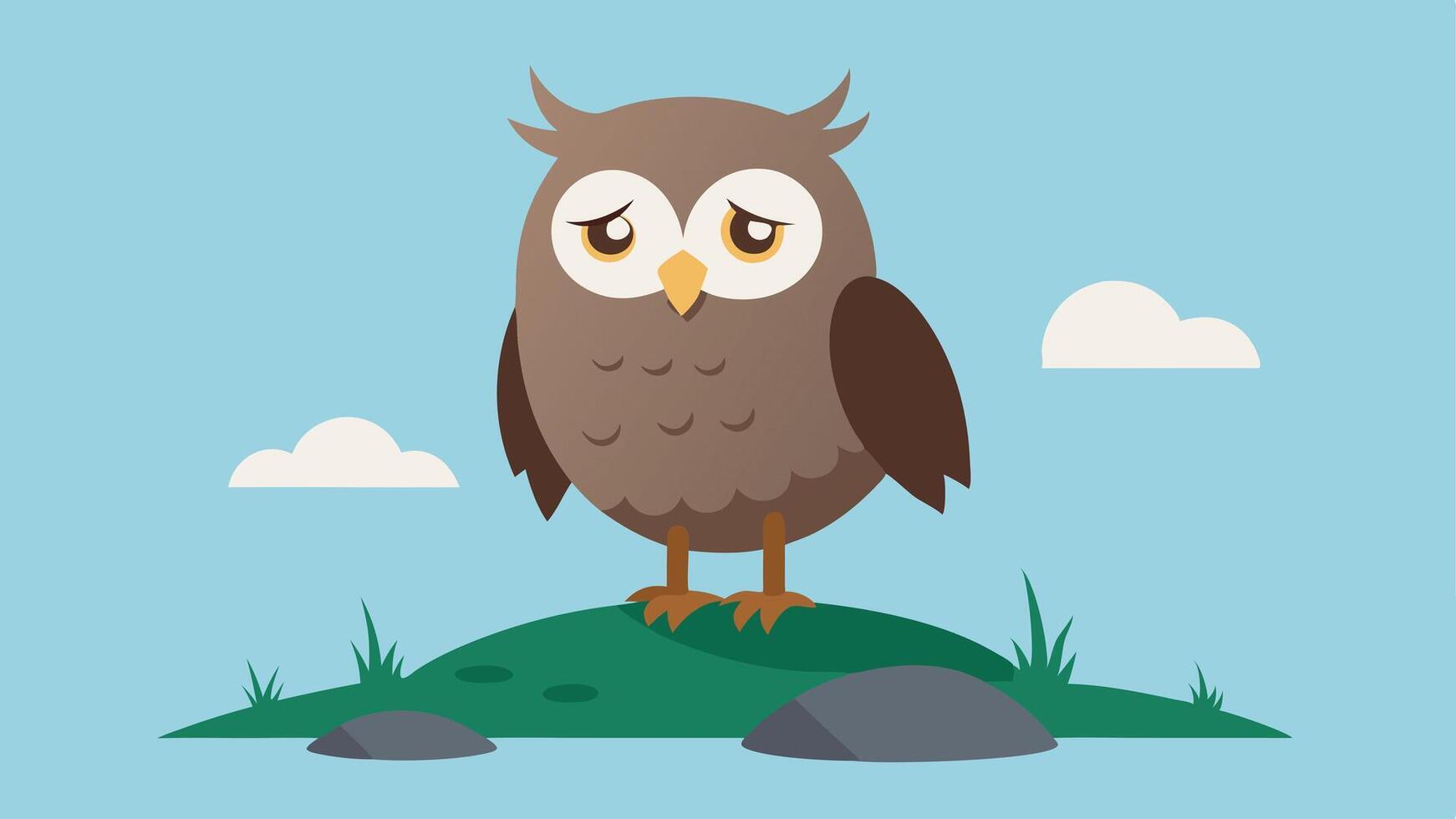 Owl with a Frown A fluffy owl standing on a rock looking down with a frown and one feather slightly ruffled capturing a sense of disorientation. The owls wide eyes are narrowed. vector