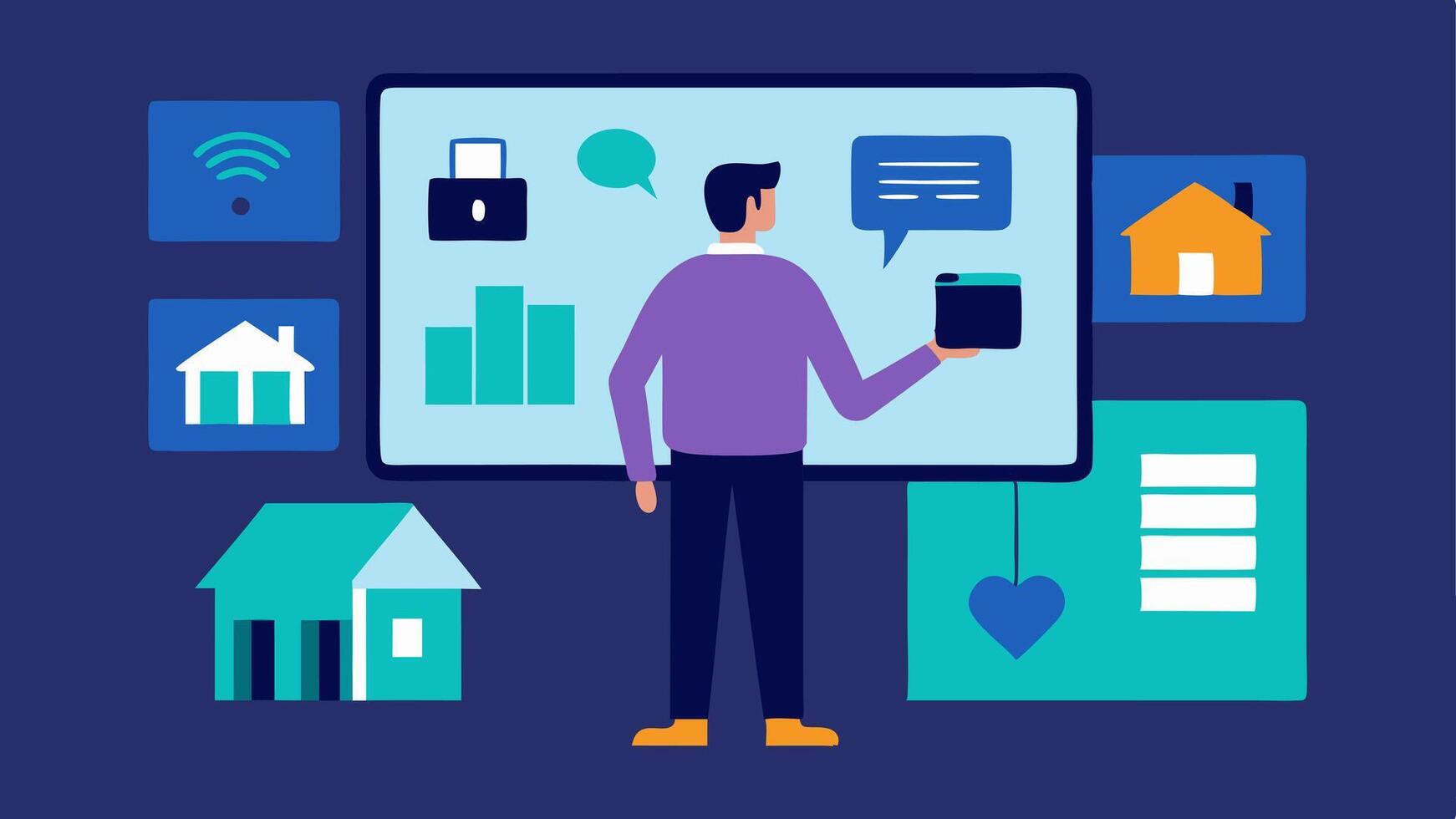 Market Exploration A buyer standing in front of a large screen showcasing various properties on the market with virtual tags showing property details popping up.. vector