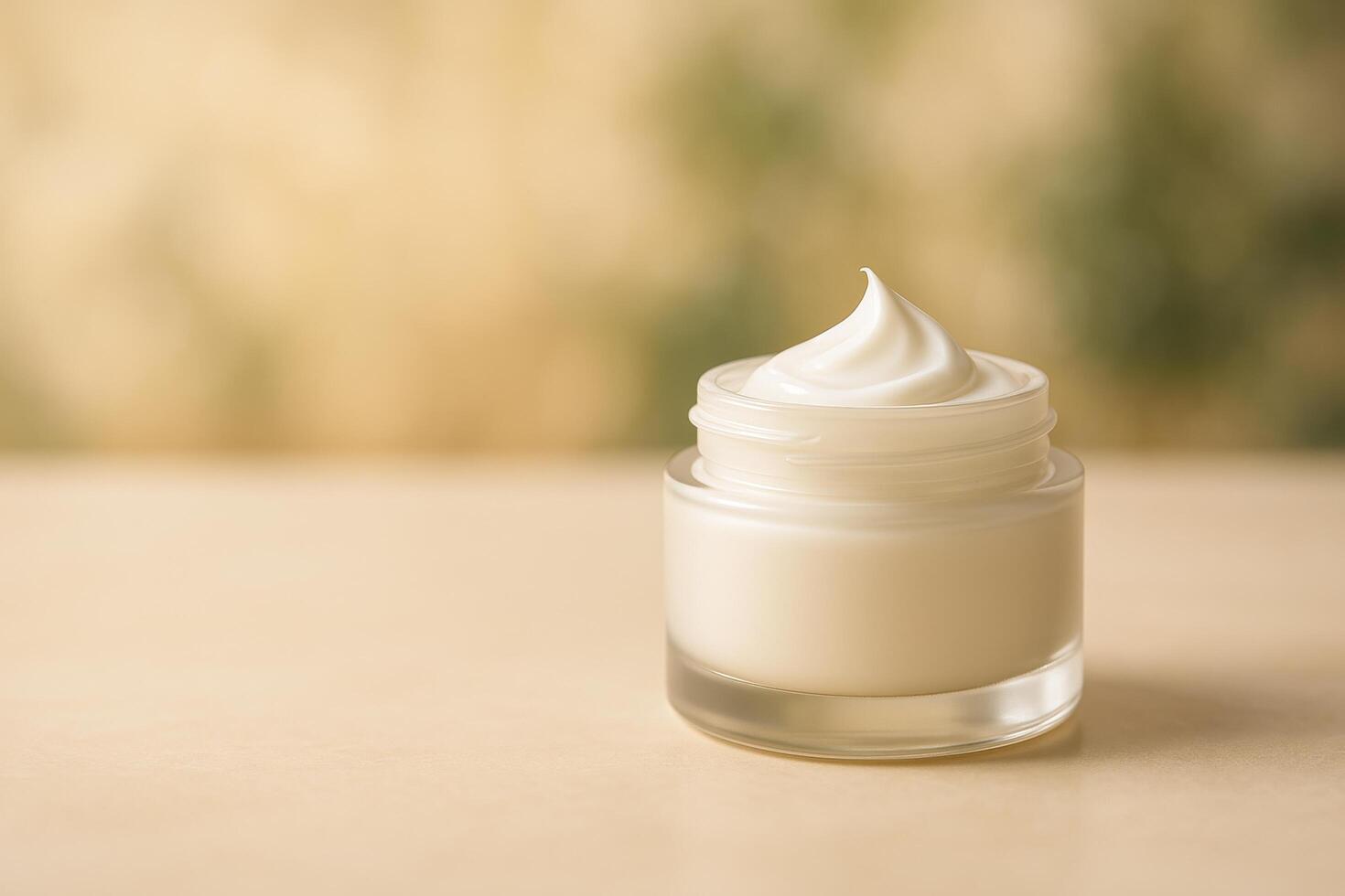 Moisturizing Cream in Clear Jar on Wooden Surface With Soft Background Lighting photo