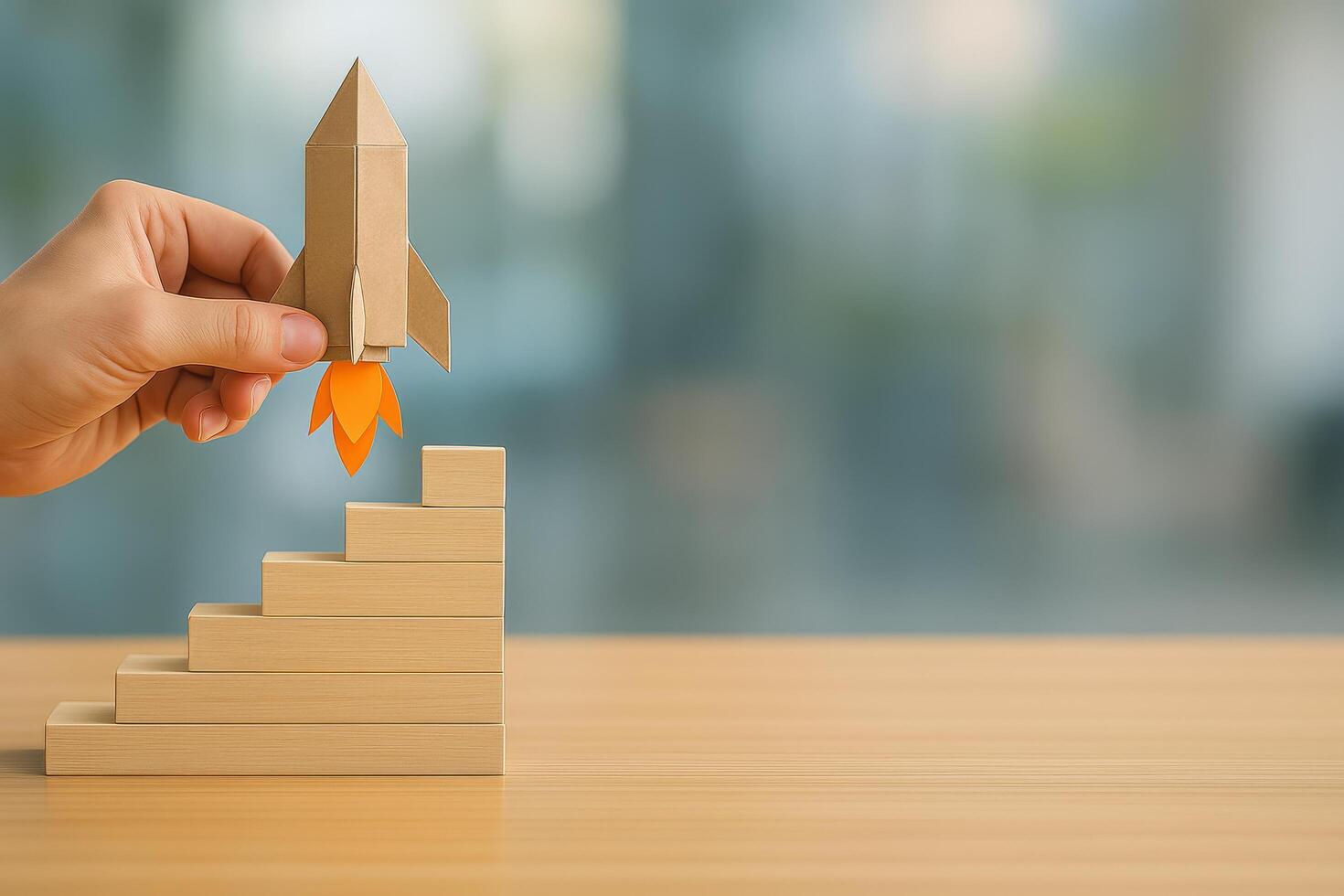 Creative Launch of a Handmade Rocket Model Ascending Steps Indoors photo