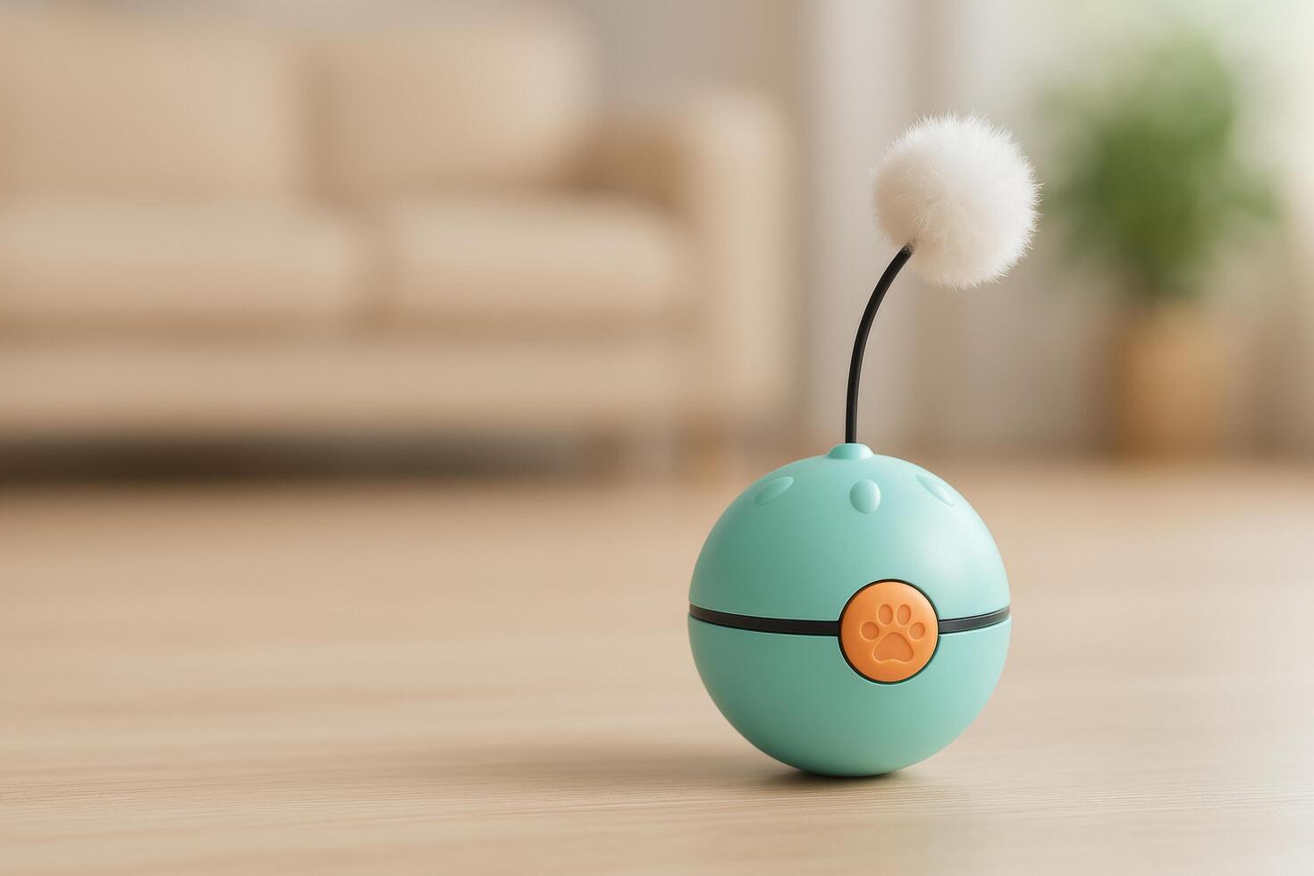 Unique Teal Interactive Toy With White Pom Pom on a Wooden Floor in a Cozy Living Room Setting photo