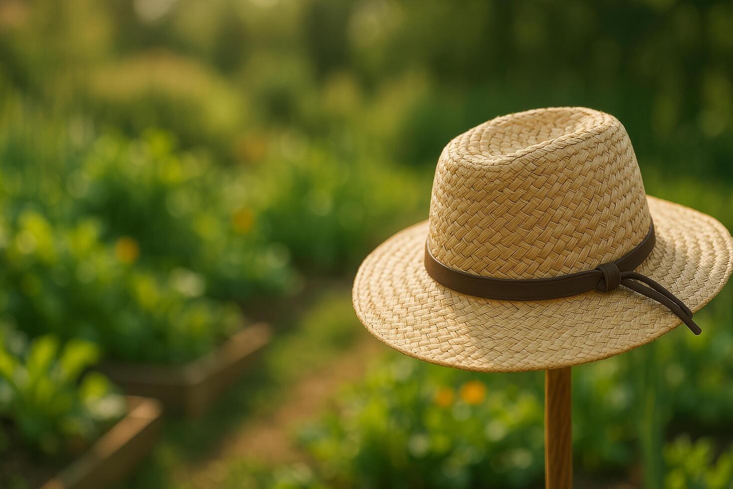 Straw Hat Resting on a Post in a Lush Garden During Warm Afternoon Sunlight photo