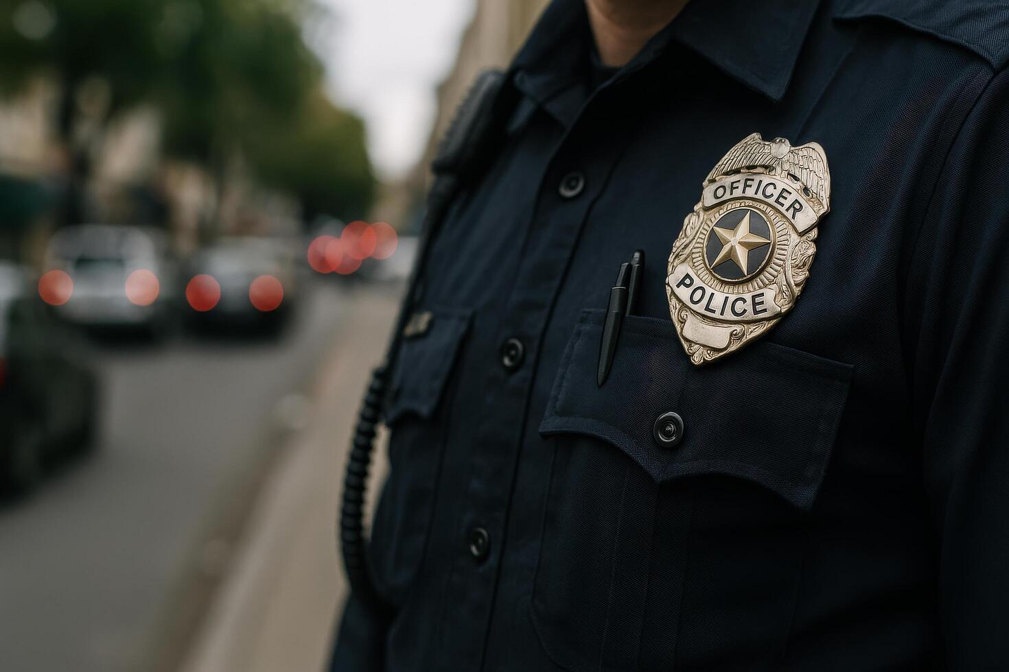 Officer in Uniform Stands on Street With Traffic in Background During Daytime Patrol photo