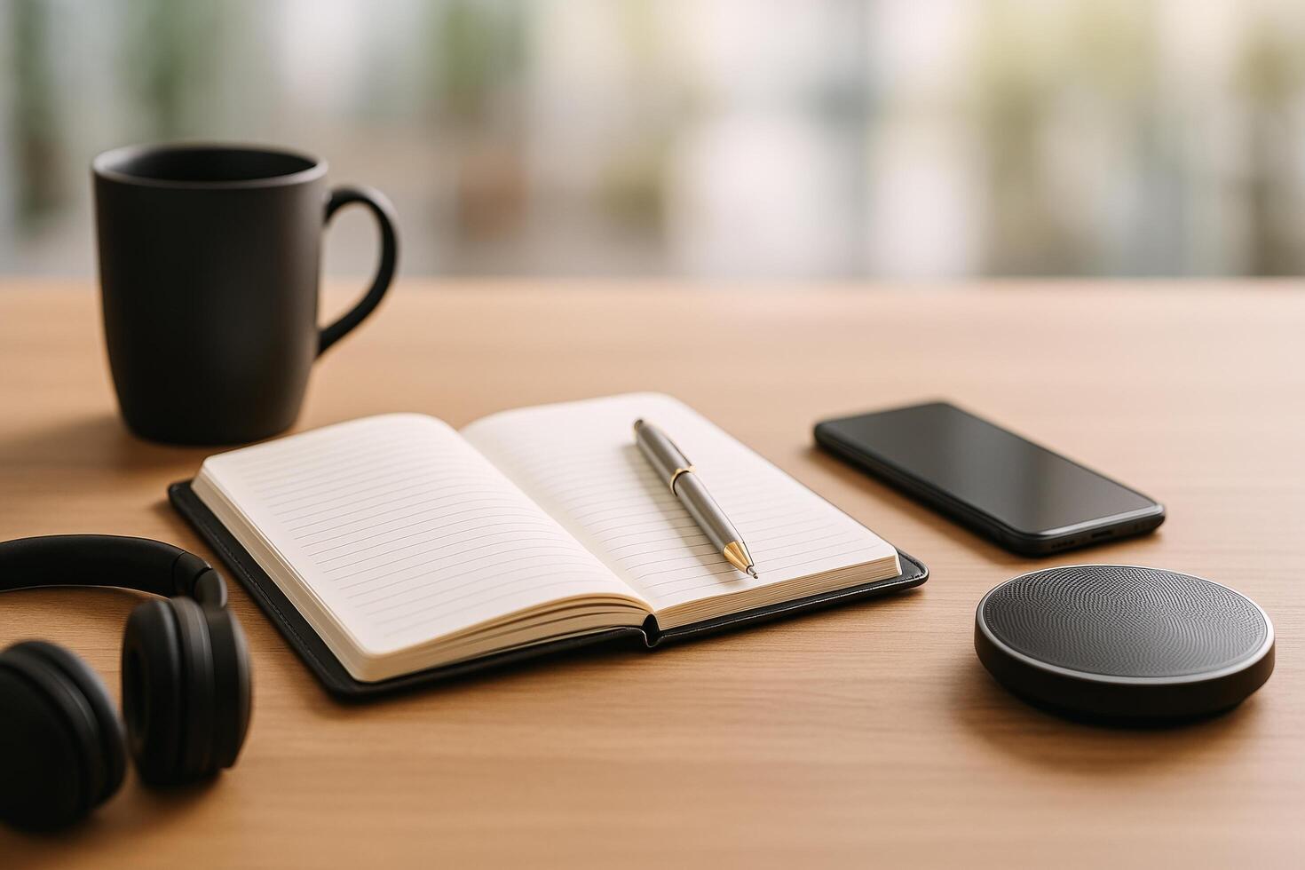 Workspace Setup Featuring Notebook, Pen, Coffee Cup, Smartphone, and Headphones for Productive Sessions photo