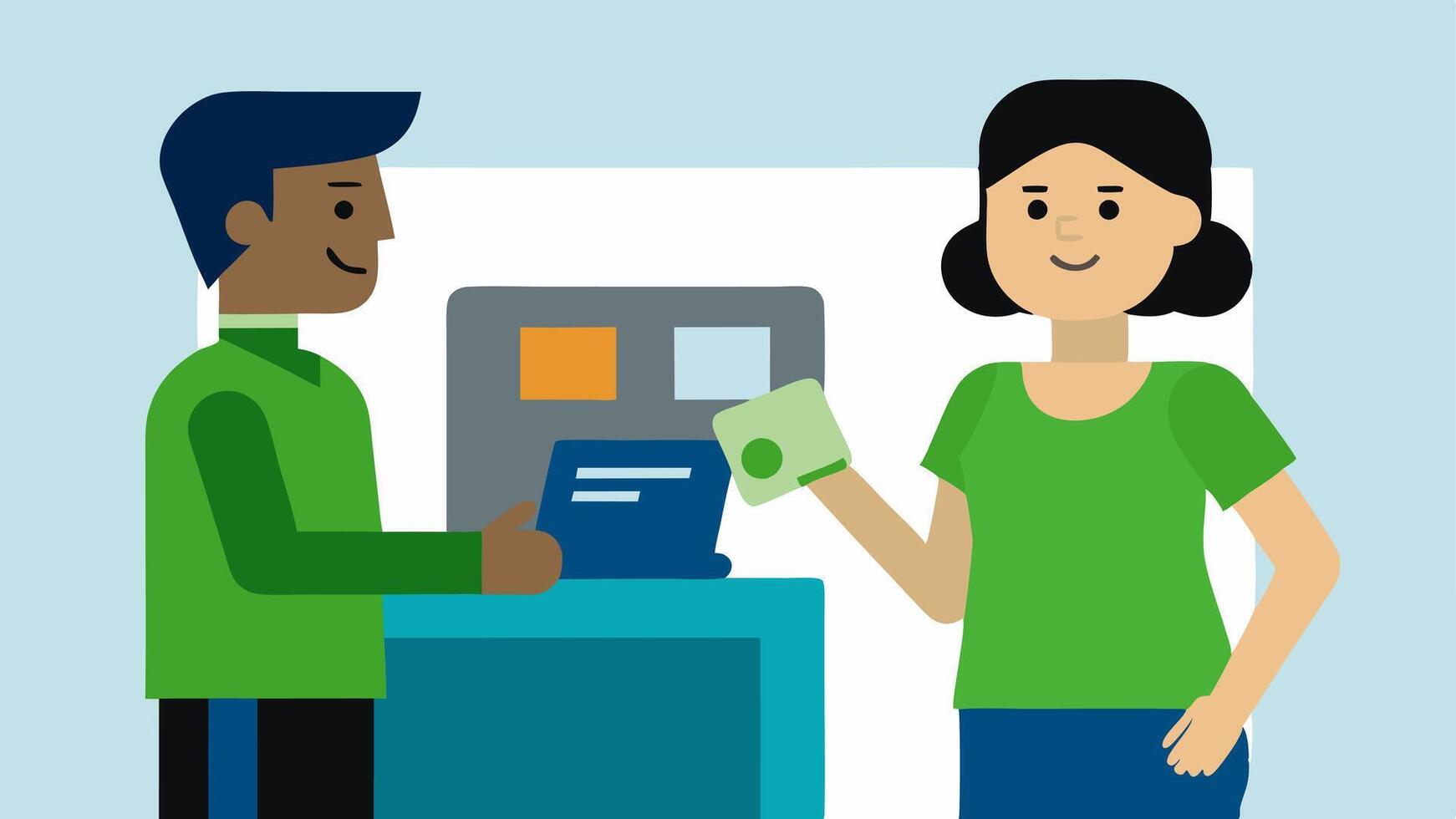 Customer Support A friendly staff member assisting a user at the ATM demonstrating how to complete a transaction or addressing questions.. vector