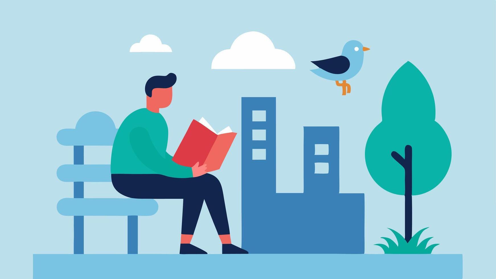Lost in Translation A person sitting on a bench buried in a book with a city map seemingly lost in direction while a nearby bird sings unnoticed.. vector