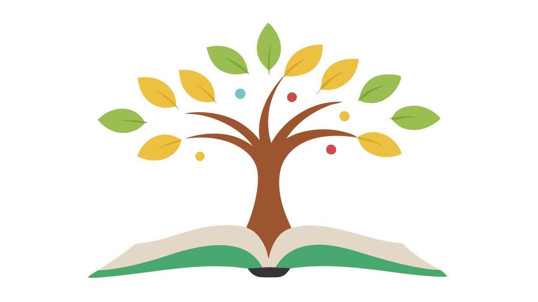 Open Book with Tree Top View An open book lies flat at the bottom of the illustration with a robust tree emerging from its center. The trees trunk is thick and textured extending. vector