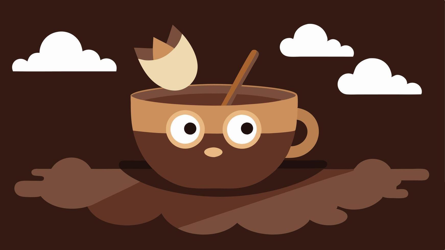 Sugar Packet Boat The illustration focuses on a whimsical coffee cup with large eyes and a determined expression gripping oars made from wooden cinnamon sticks. The boat crafted. vector