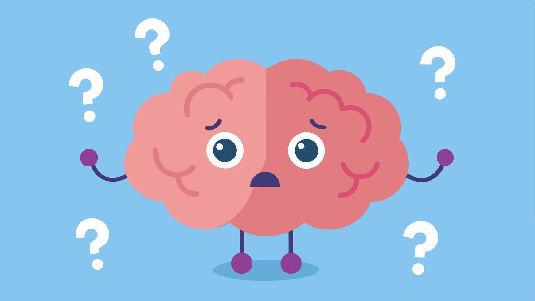 Doubtful Brain A cartoon brain with a worried expression surrounded by question marks and hesitation symbols representing uncertainty about capabilities.. vector