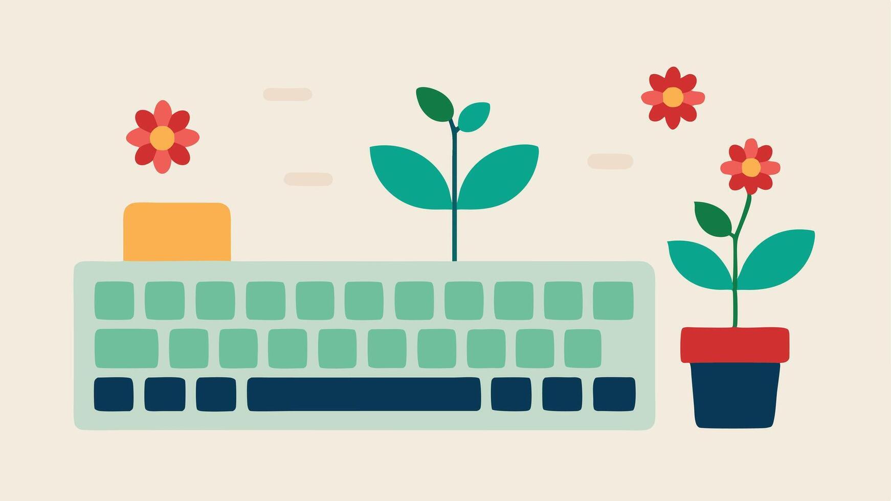 Keyboard as a Garden An overhead view of a computer keyboard where the keys have been rep with various flowering plants. The shift key is a larger flower pot while the letters are. vector