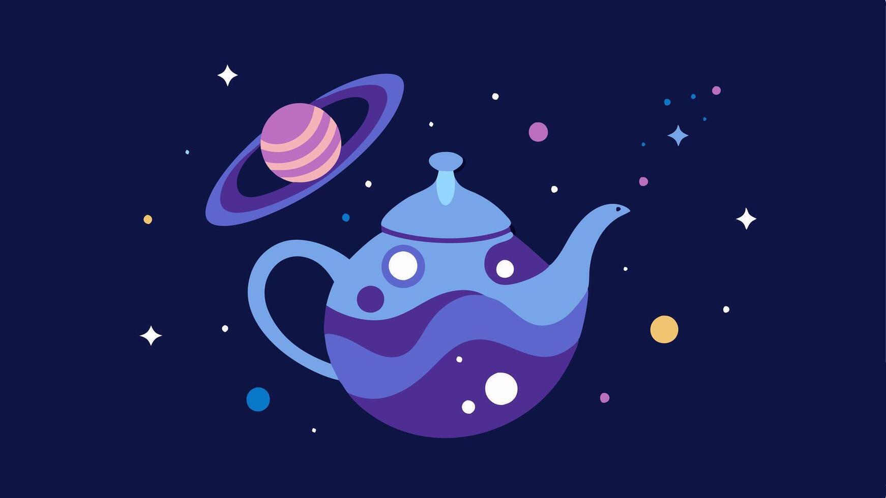 Galactic Tea Ceremony An elegant ornate teapot with intricate designs reminiscent of galaxies. As it elegantly pours an array of sparkling stars and tiny planets tumbles out like a. vector
