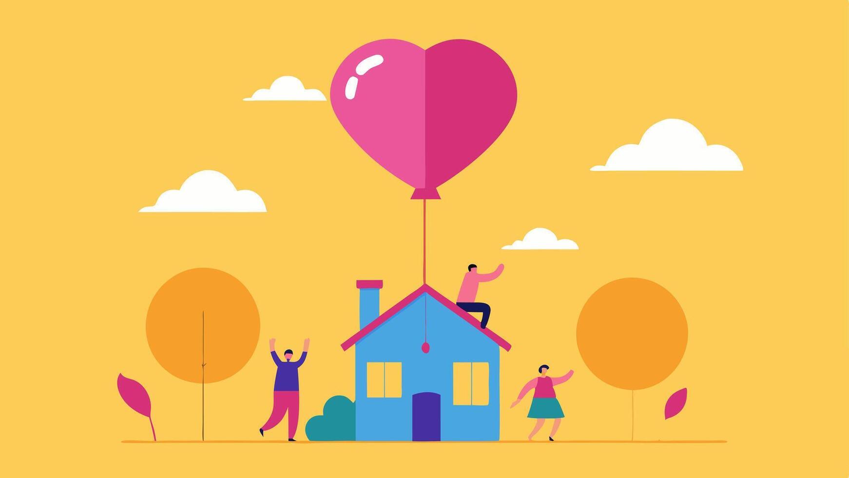 Goodbye Wave An illustration showing a quaint little house being lifted into the air by a giant heartshaped balloon. The balloon is illustrated with bright pink and yellow hues.. vector