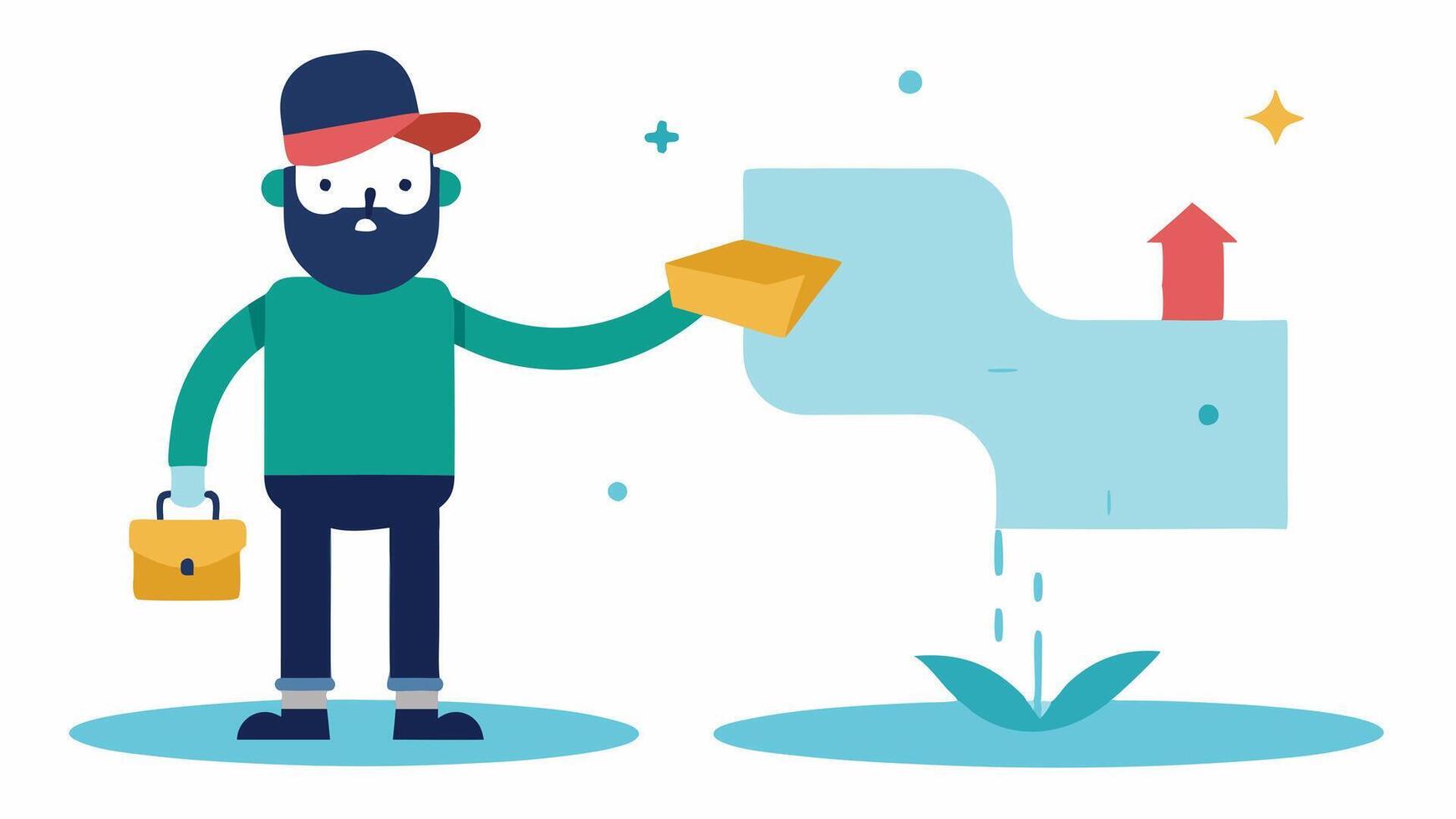 Journey Torn Map A character stands with a torn and wornout map in one hand looking puzzled at the elaborate routes depicted. In the other hand they point toward a clear pathway. vector