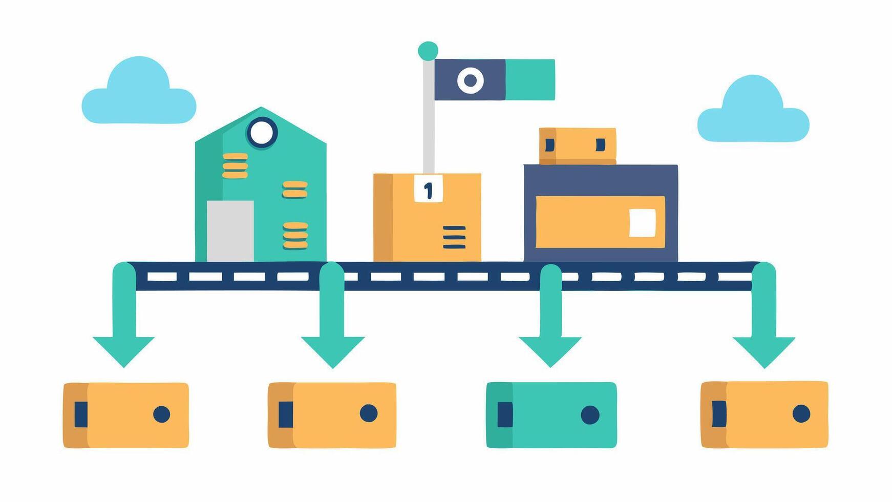 Automated Sorting System A conveyor belt in a distribution center with packages being sorted automatically with arrows indicating the destinations based on AI algorithms for. vector