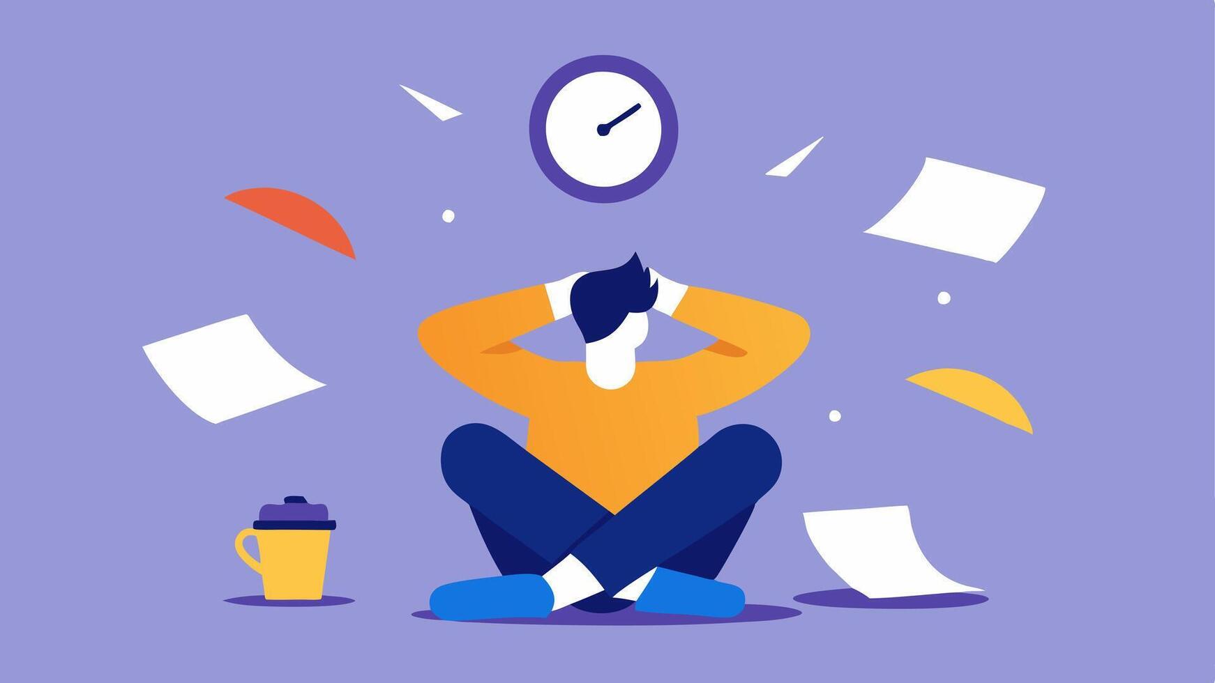 Spinning Time A character in a simple outfit is seen sitting with their back slumped against the chair and their head is pressed deeply into their hands. Papers swirl around them. vector