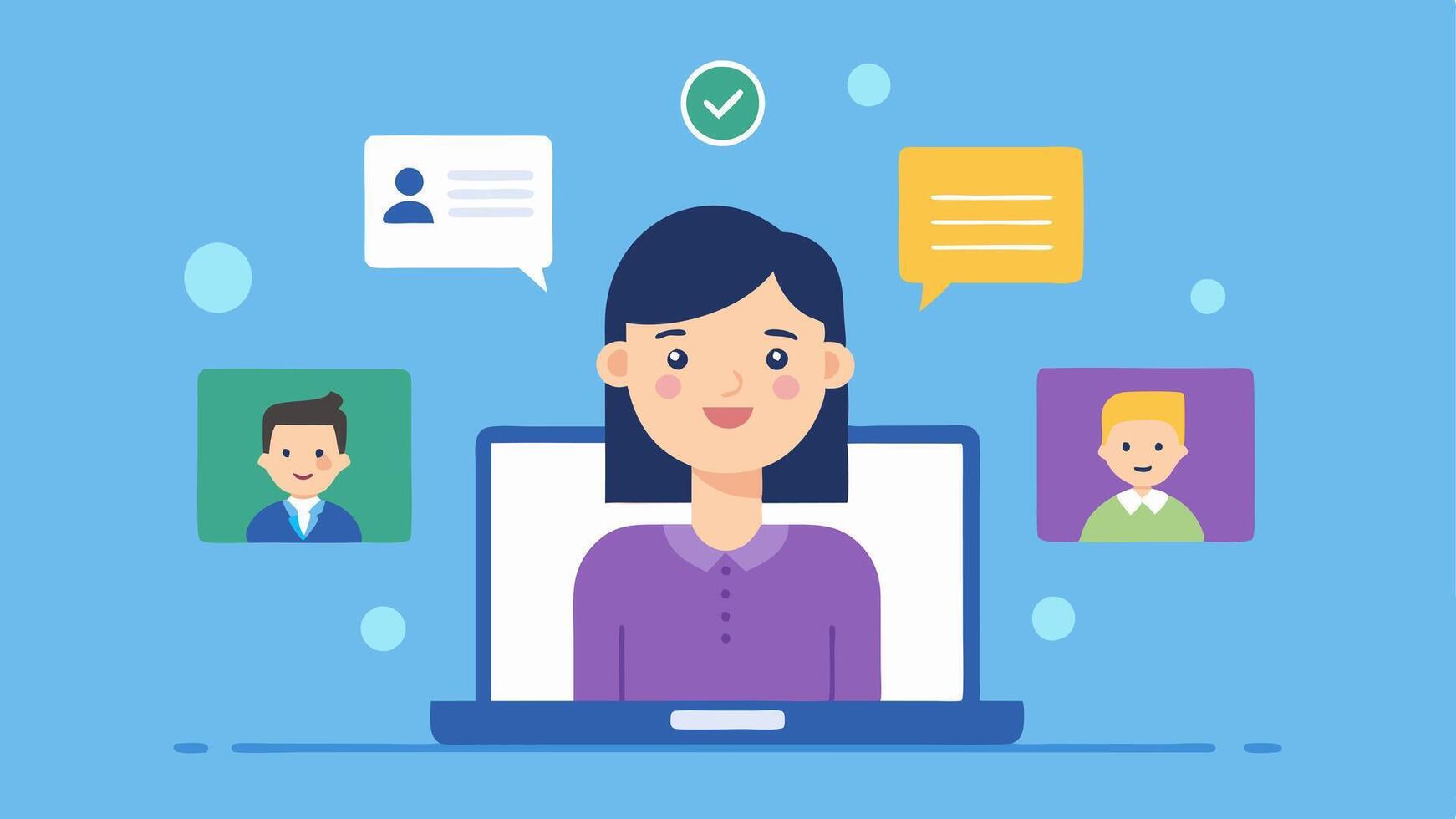 Meeting Coordination A scene where a virtual assistant displays a call interface on a laptop showing multiple avatars in a virtual meeting with a prompt for agenda items.. vector