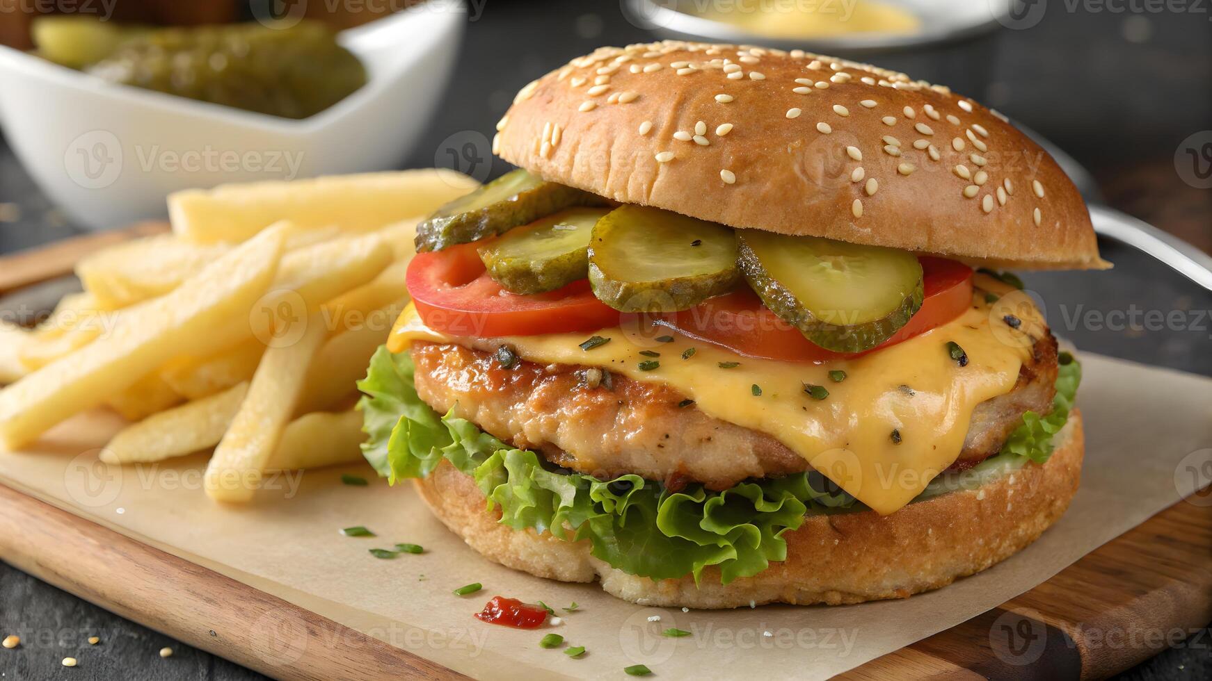 The delicious american chicken cheese burger. photo