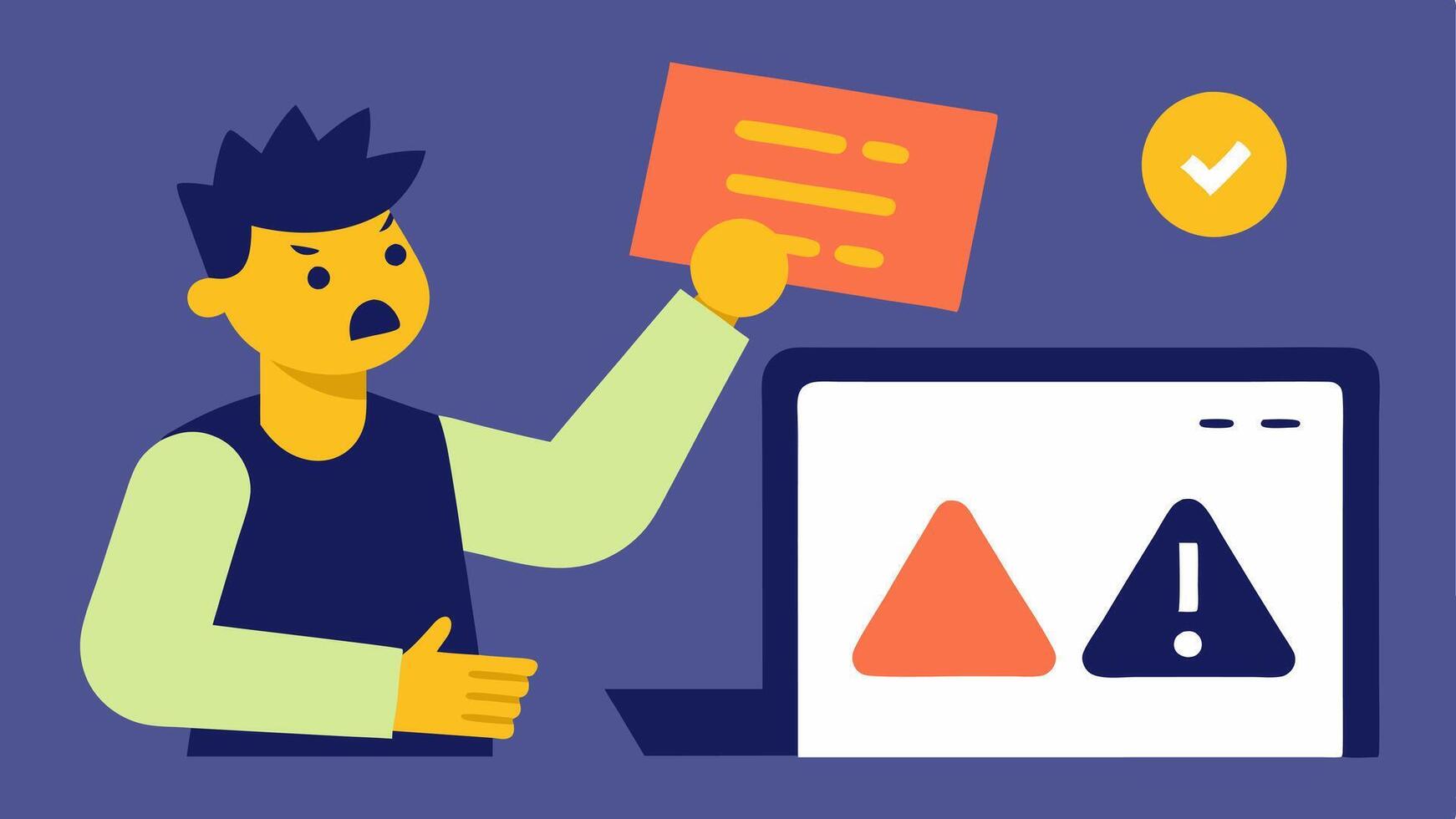Ticket Resale Fraud An excited person browsing a ticket resale website while a warning sign flashes. In the background a figure is counting fake tickets the risk of. vector