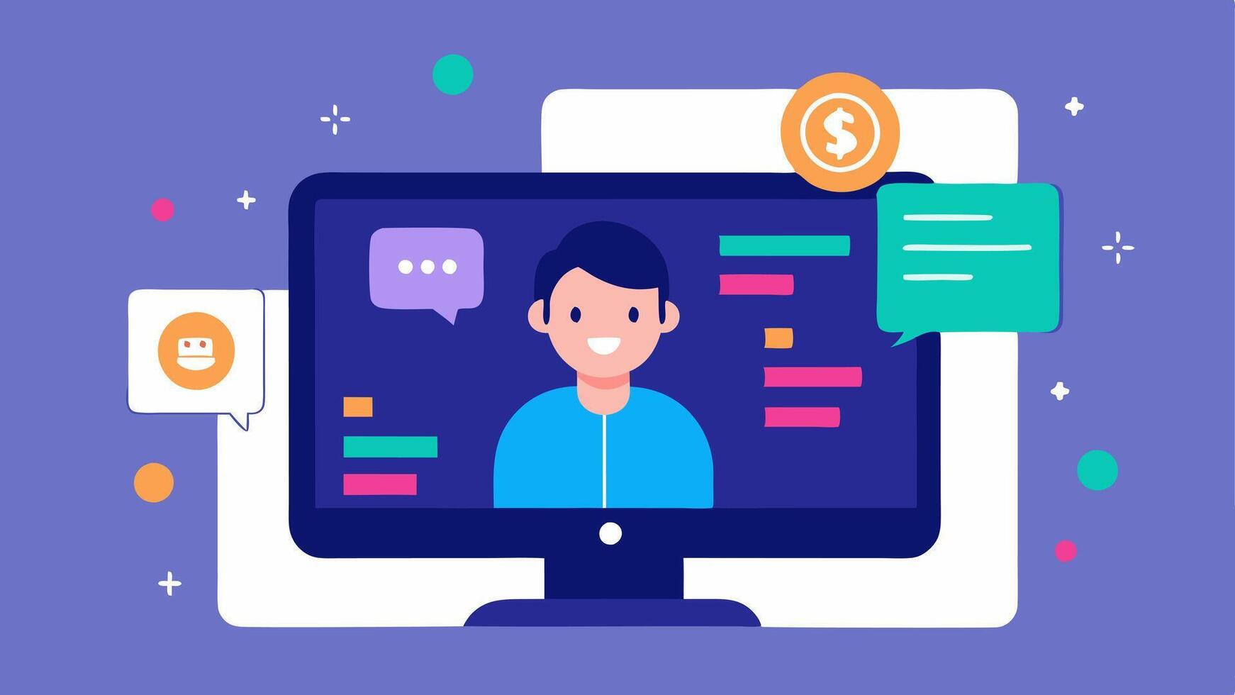 Chat Support Feature An illustration of a chat window on a trading platform where a trader is receiving realtime support from a digital assistant with crypto icons in the. vector