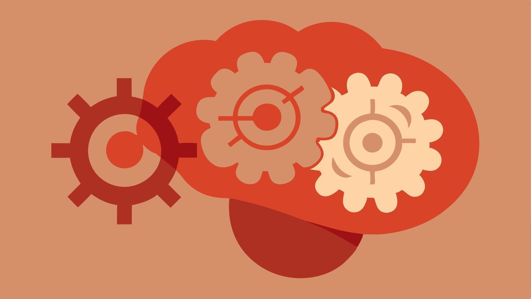 Brain with Gears An illustration of a brain with gears inside where the gears are rusty and stuck symbolizing slowed cognitive function due to chronic stress.. vector