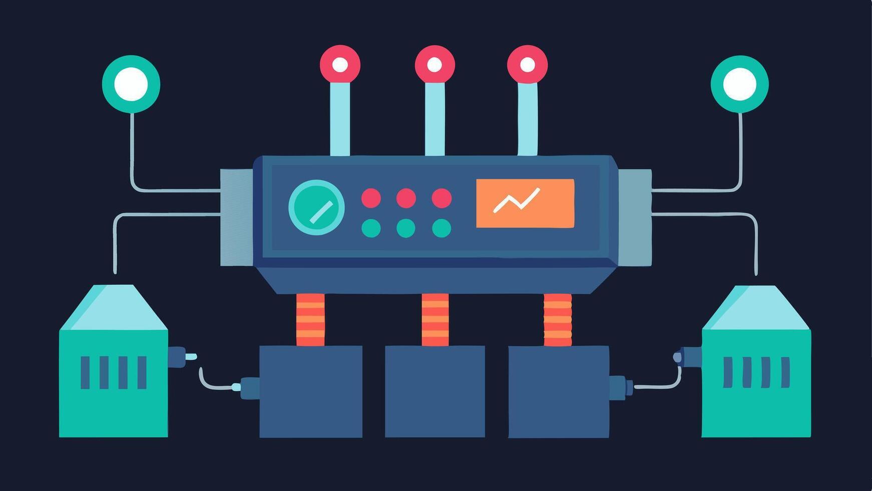 Machine with Sensors An industrial machine with multiple connected sensors on its surface each with glowing indicators showing realtime data.. vector