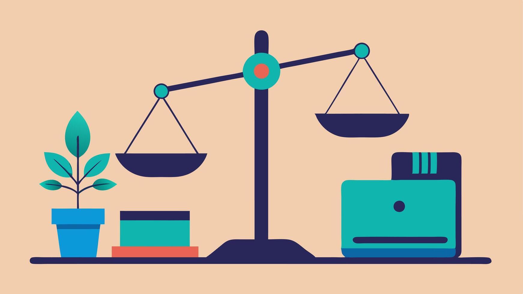 Worklife Balance An of a scale balancing workrelated items like a laptop on one side and personal items like a book and a plant on the other symbolizing the importance. vector