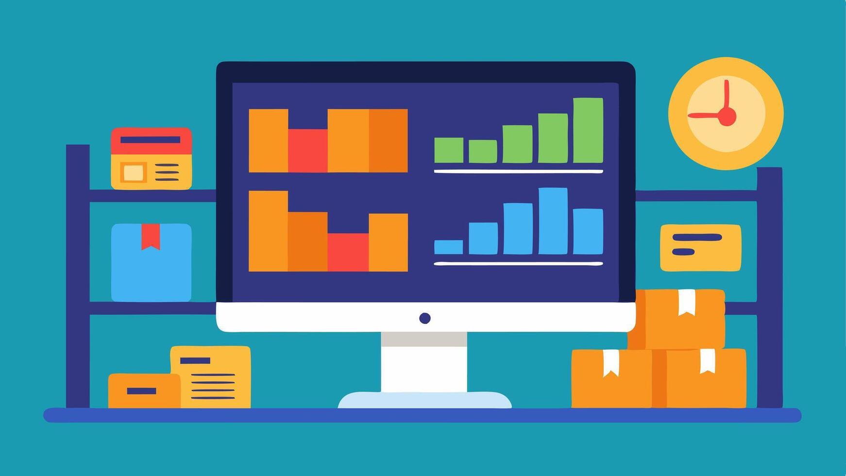 Inventory Management Dashboard An outline of a warehouse with shelves stacked with boxes paired with a digital dashboard showing realtime stock levels analytics charts and alerts. vector
