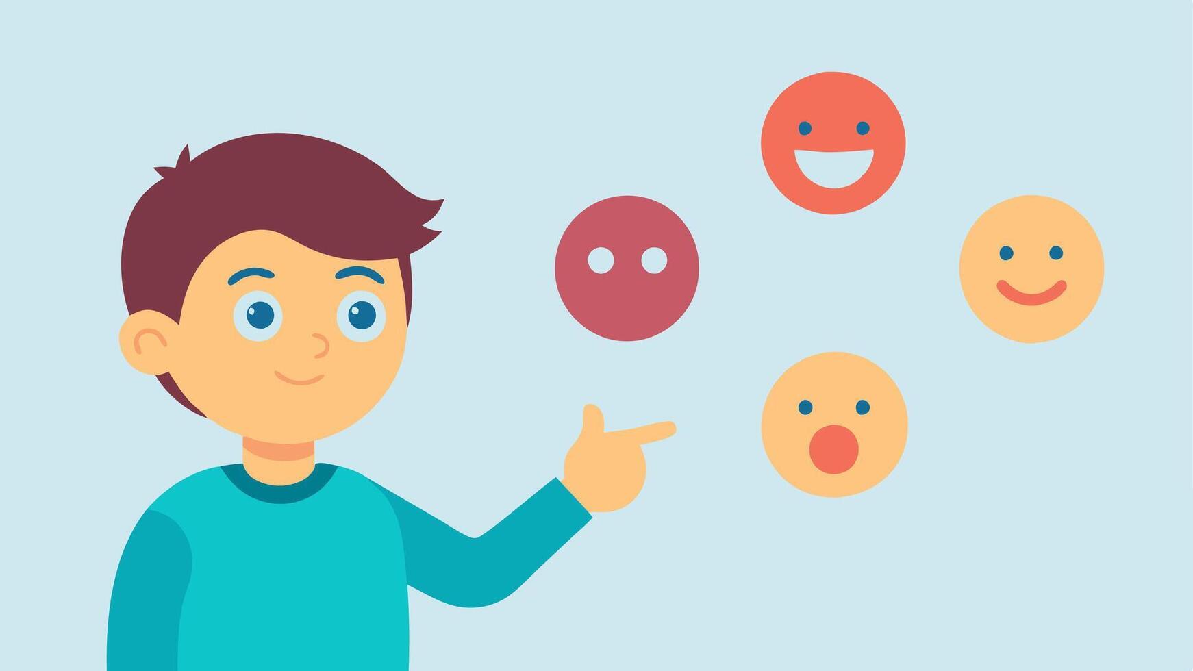 Emotion Faces A chart with different emojis showing various emotions happy sad angry scared. A child is pointing at the chart illustrating emotional awareness and expression.. vector