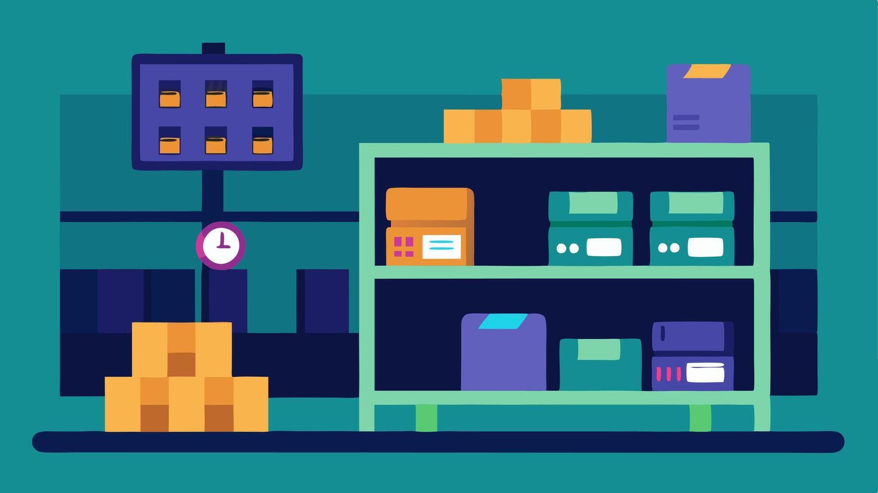 Inventory Management A stock room with organized shelves and a digital interface showing live inventory levels using blockchain to track items and restocking events.. vector