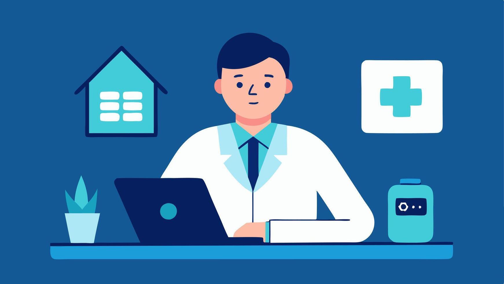 Health Management App A doctor sitting at their desk using a tablet to review health data collected from a patients home health monitoring devices.. vector