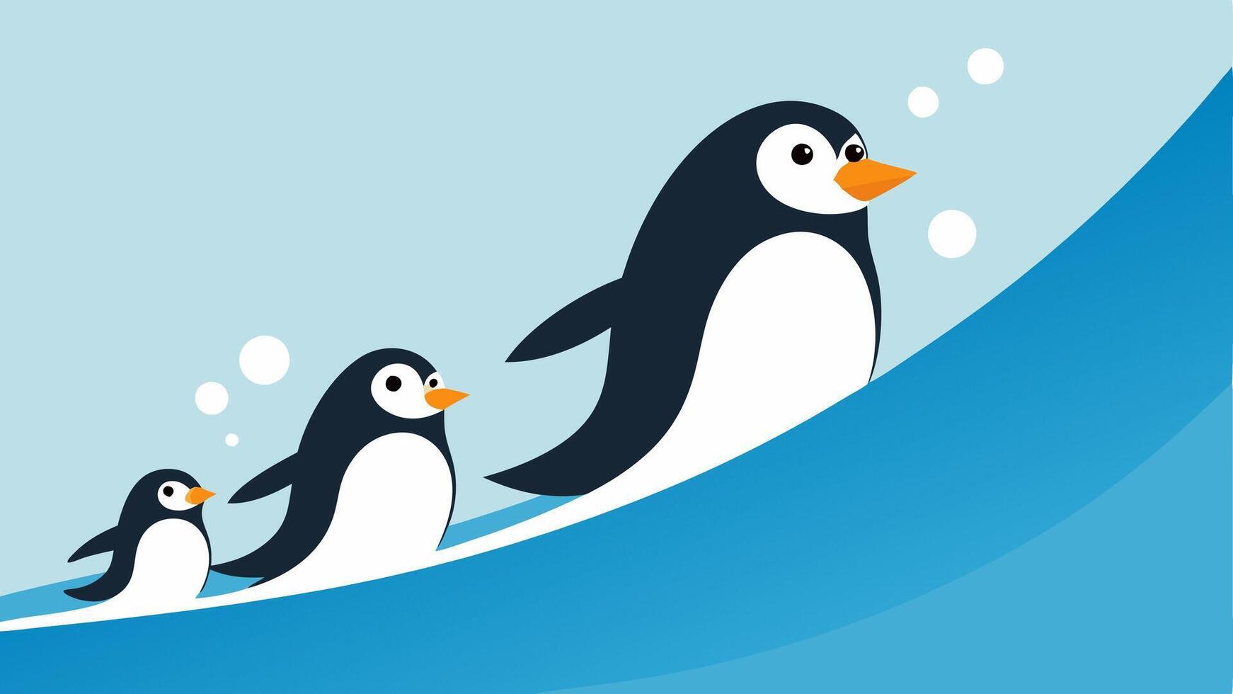 Family Fun Time A family of penguins including a parent and two young chicks is depicted sliding down a wide gentle slope together. The youngsters are wobbling on their bellies. vector