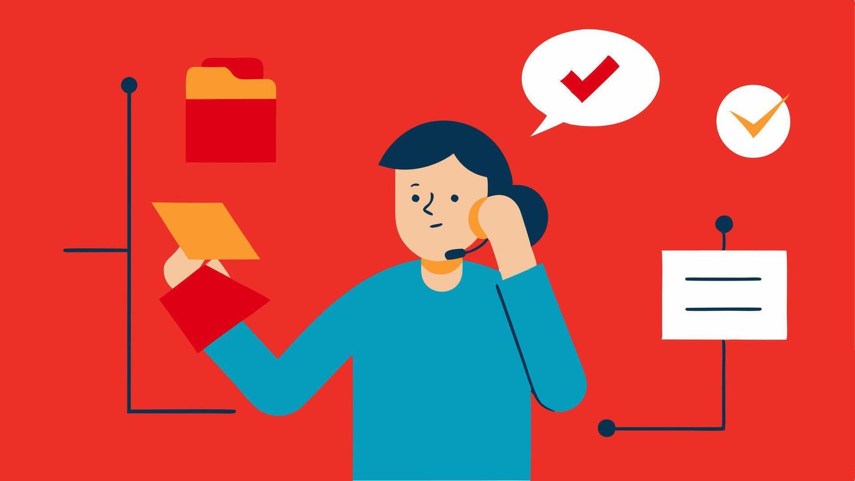 Imposter Scam An individual answering a phone call looking confused as they hear a voice claiming to be from a government agency while a checklist of red flags hovers nearby.. vector
