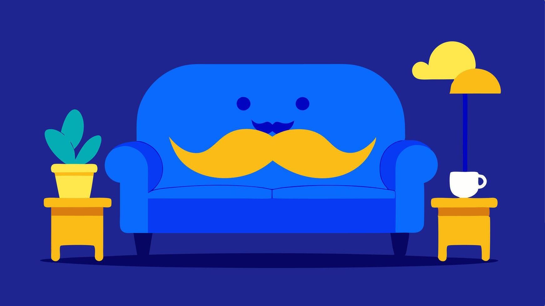 Living Room Scene A cozy living room with a plush oversized couch adorned with a whimsical exaggerated mustache. The couch is upholstered in a rich deep blue fabric and the. vector