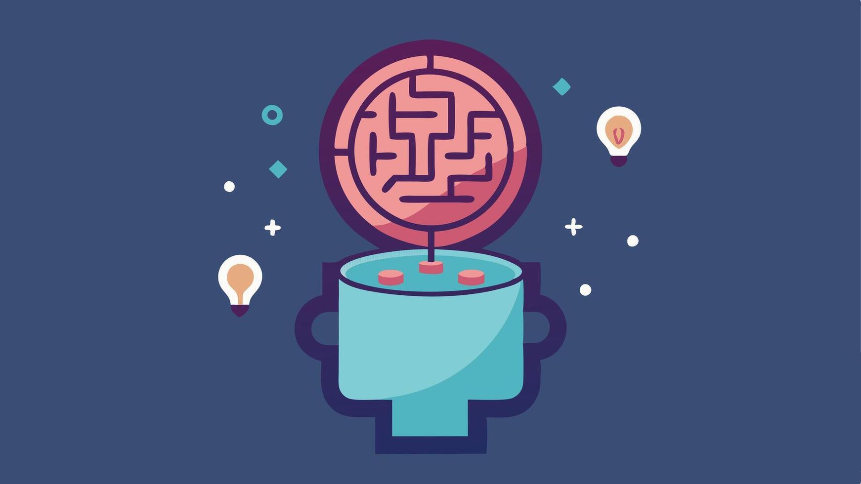 Floating Maze Head An illustration of a floating head depicted from a frontal view with an open top revealing an intricate maze within. The maze is designed with alternating colors. vector
