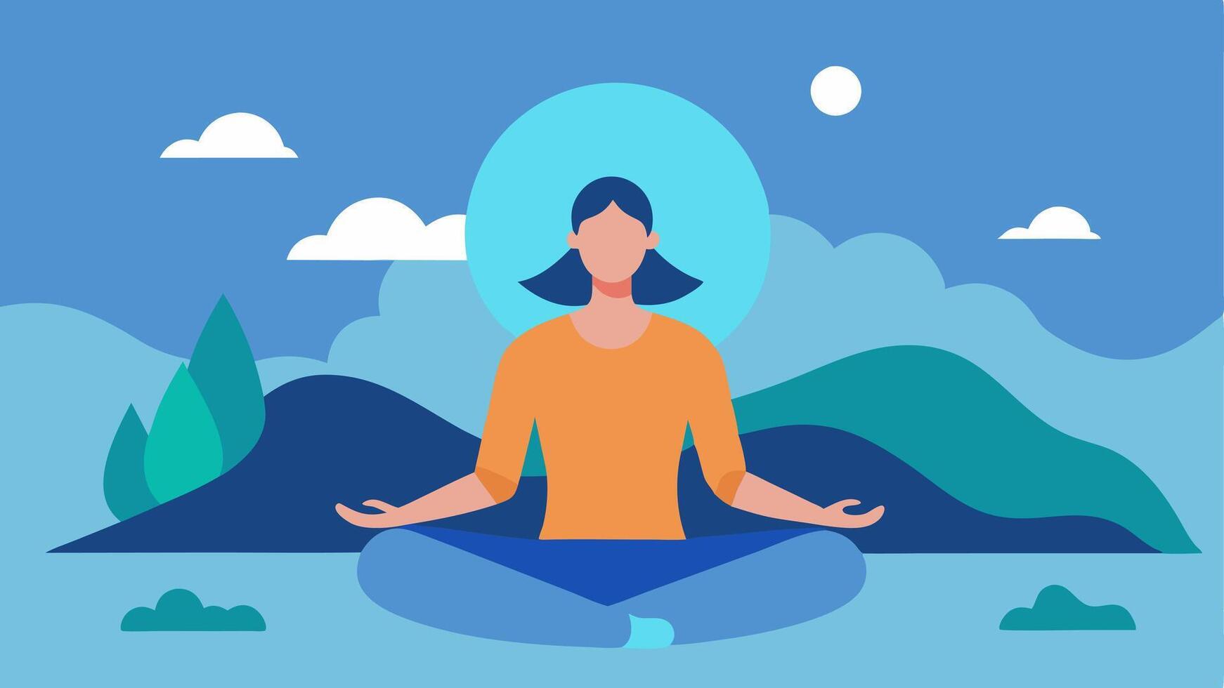 Mindfulness Integration A serene scene with a user meditating while an AI avatar guides them through breathing exercises with calming visual elements like waves and nature. vector