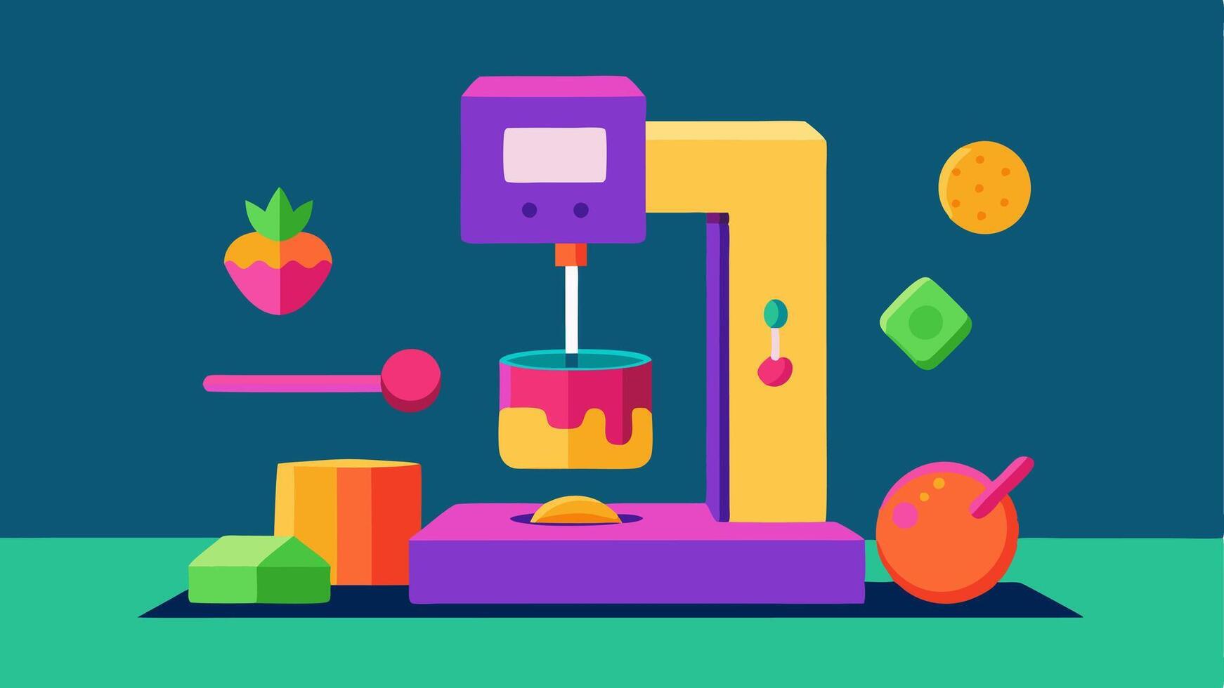 NutrientRich Snacks A 3D printer producing small bitesized snacks infused with vitamins depicted in vibrant colors and fun shapes.. vector