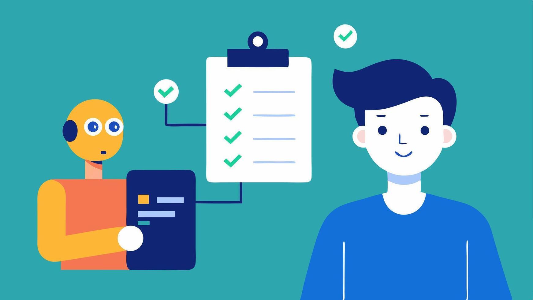 Onboarding Assistance An AI avatar guiding a newly hired employee through an onboarding program illustrating a virtual stepbystep process with checklists.. vector