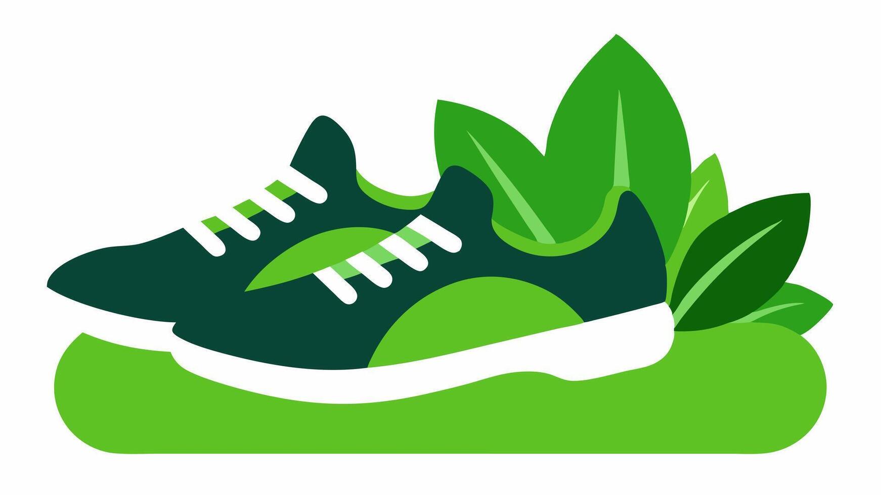 Runners Garden A pair of athletic running shoes designed with a sleek silhouette stands side by side on a patch of soft grass. Each shoe is filled with thriving herbs such as basil. vector