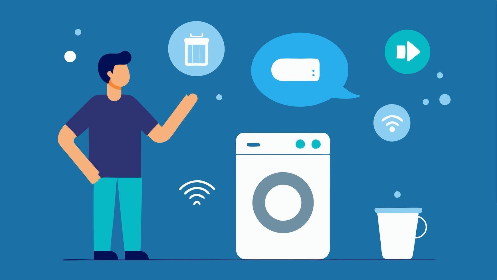 Laundry Management A person in a laundry room using voice commands to start a washing machine represented visually by spinning drum animations and water icons.. vector