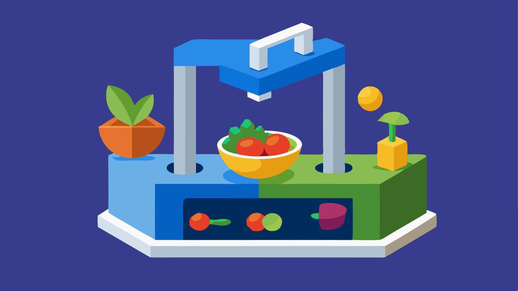 Healthy Salad Bowls A 3D printer assembling a salad bowl with colorful 3Dprinted vegetables like tomatoes cucumbers and carrots arranged artfully.. vector