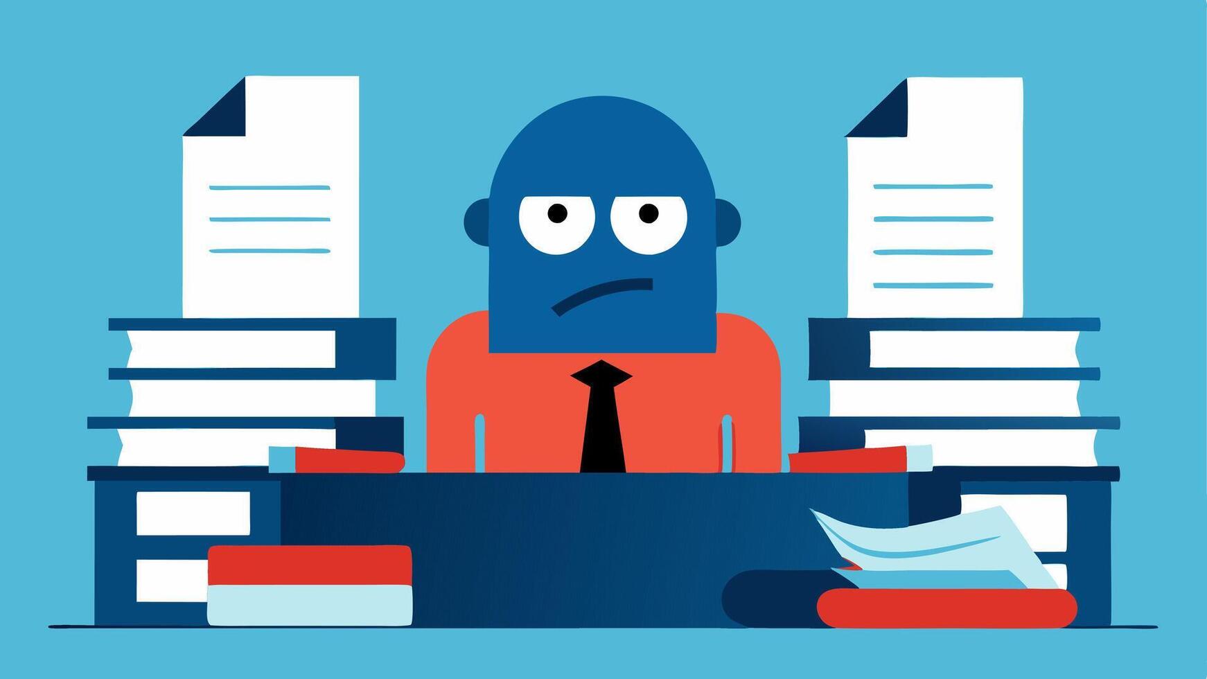 Mountain of Tasks The character is depicted sitting at a desk surrounded by stacks of papers and files that seem to tower over them. Their expression is a mix of frustration and. vector