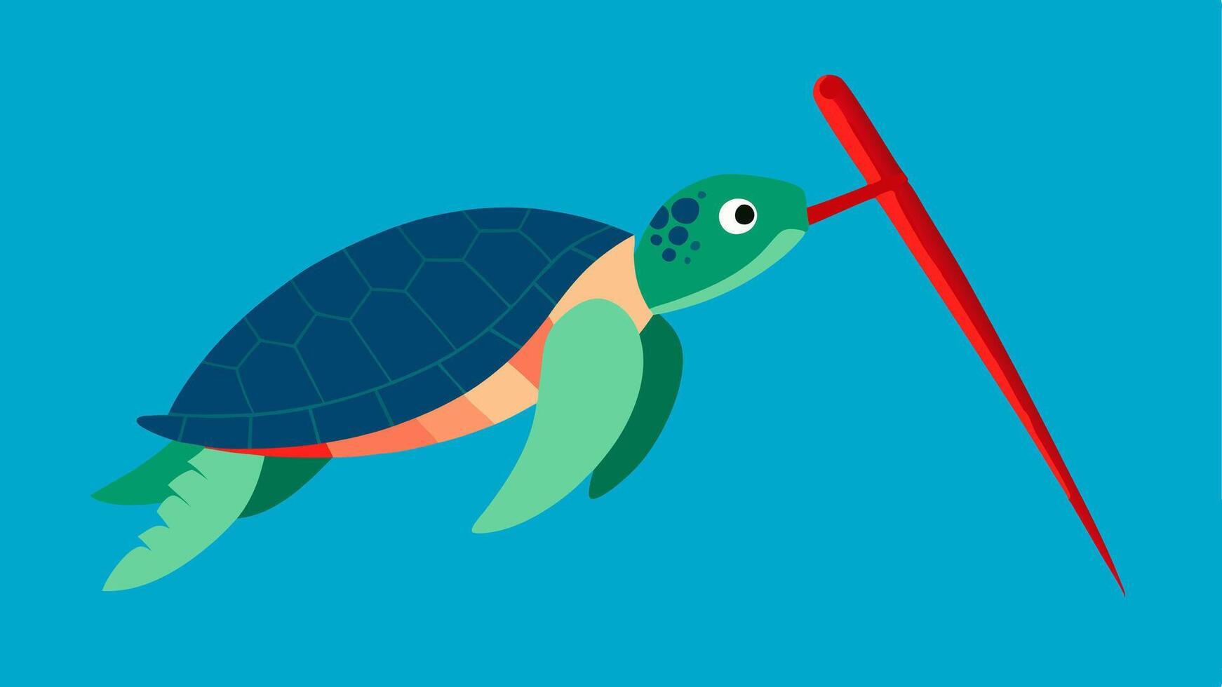 Turtle and Straw A distressed sea turtle trying to swim away from a bright red drinking straw that is stuck in its nostril showing the dangers of plastic pollution for marine life.. vector